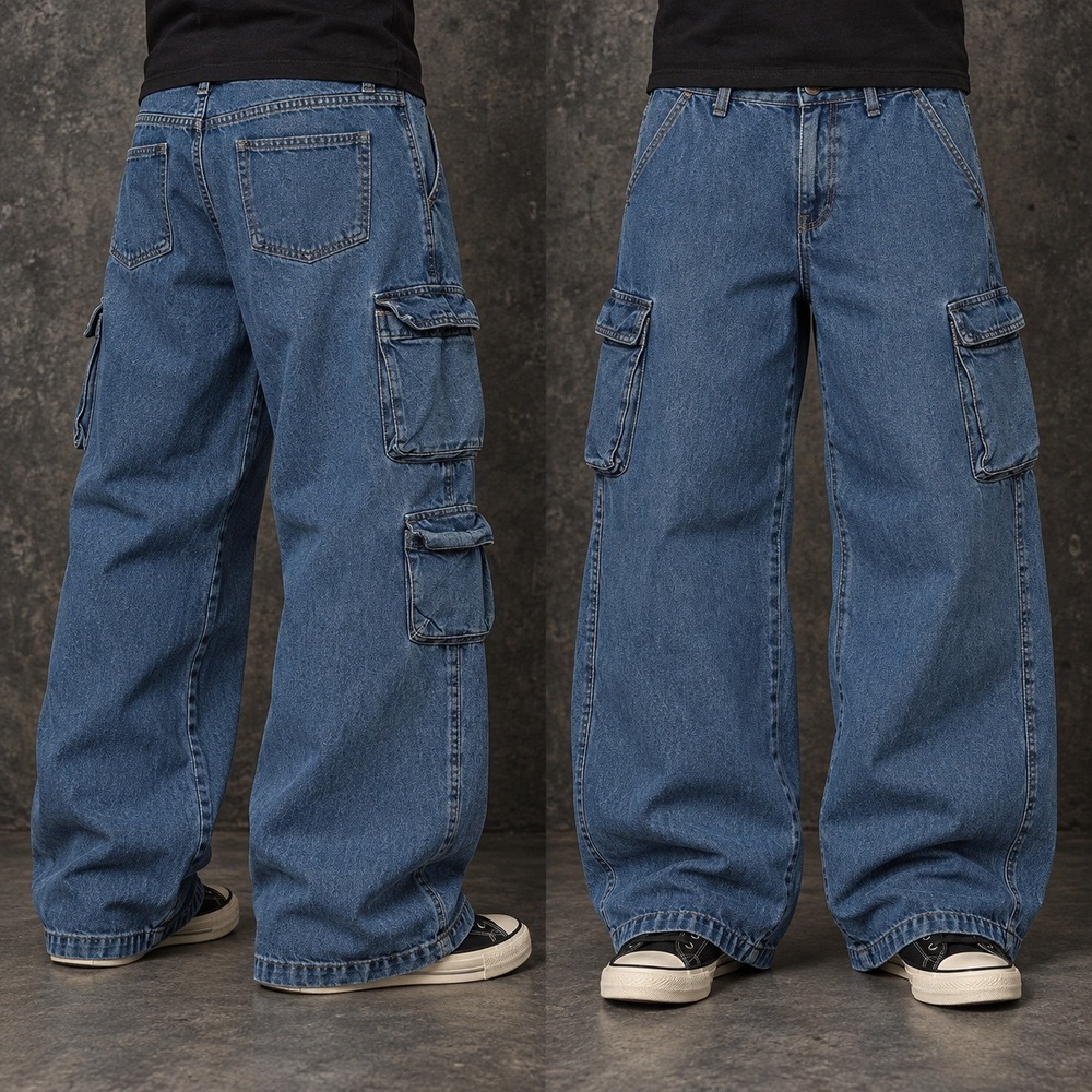 26x28 Blue Baggy Wide Leg Cargo Denim Jeans Y2K Vintage 2000s Style